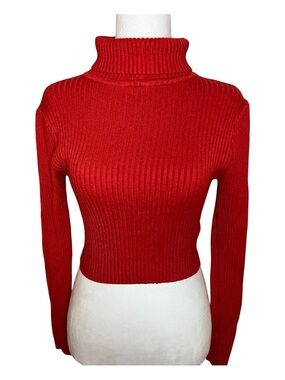Love Tree Red Ribbed Turtleneck Crop Sweater